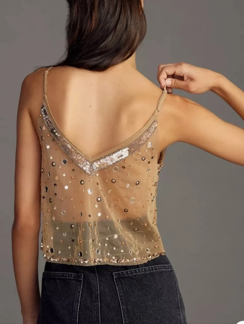 Anthropologie Sequin Embellished Nude-Beige V-Neck Camisole - Picture 5 of 13